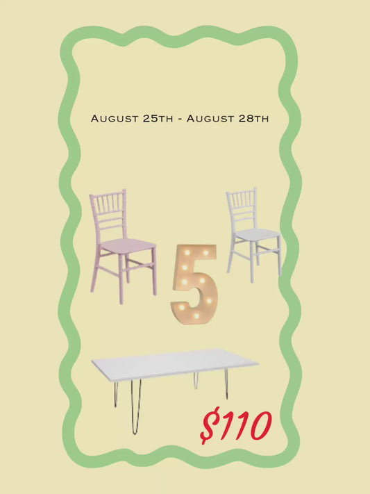 10 kids Chairs, 1 Wood Table, 1- Marquee